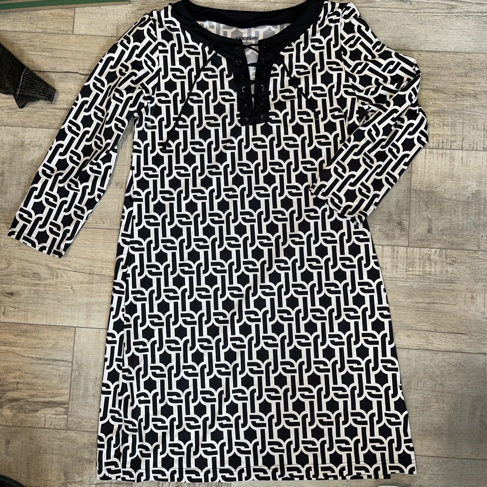 Lands End 3/4 Sleeve Boatneck Swim Cover-up Dress Black Floral Stripe Women's Sm